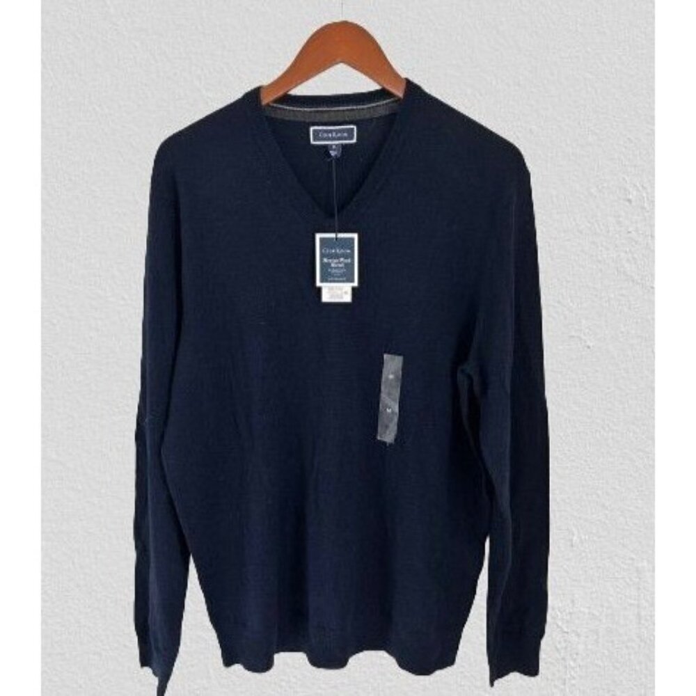 Club Room V-Neck Estate Merino Blend Lane Rossi Sweater Navy Blue Size Med